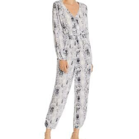 Aqua Pants - AQUA Jumpsuit VNeck Surplice Animal Print Grey Ruching Shoulder Waist NWT Medium
